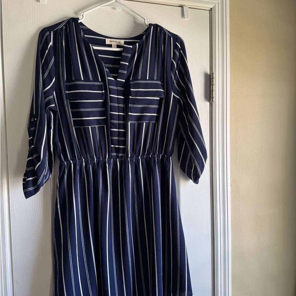 Monteau Blue V-Neck A-Line Dress with Cuffed Sleeves